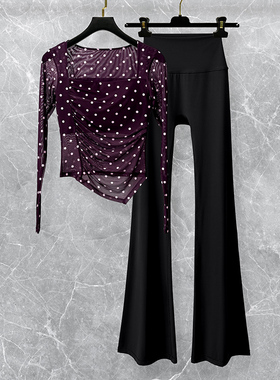 紫色波点瑜伽服女套装高级感网纱带胸垫健身运动普拉提上衣喇叭裤