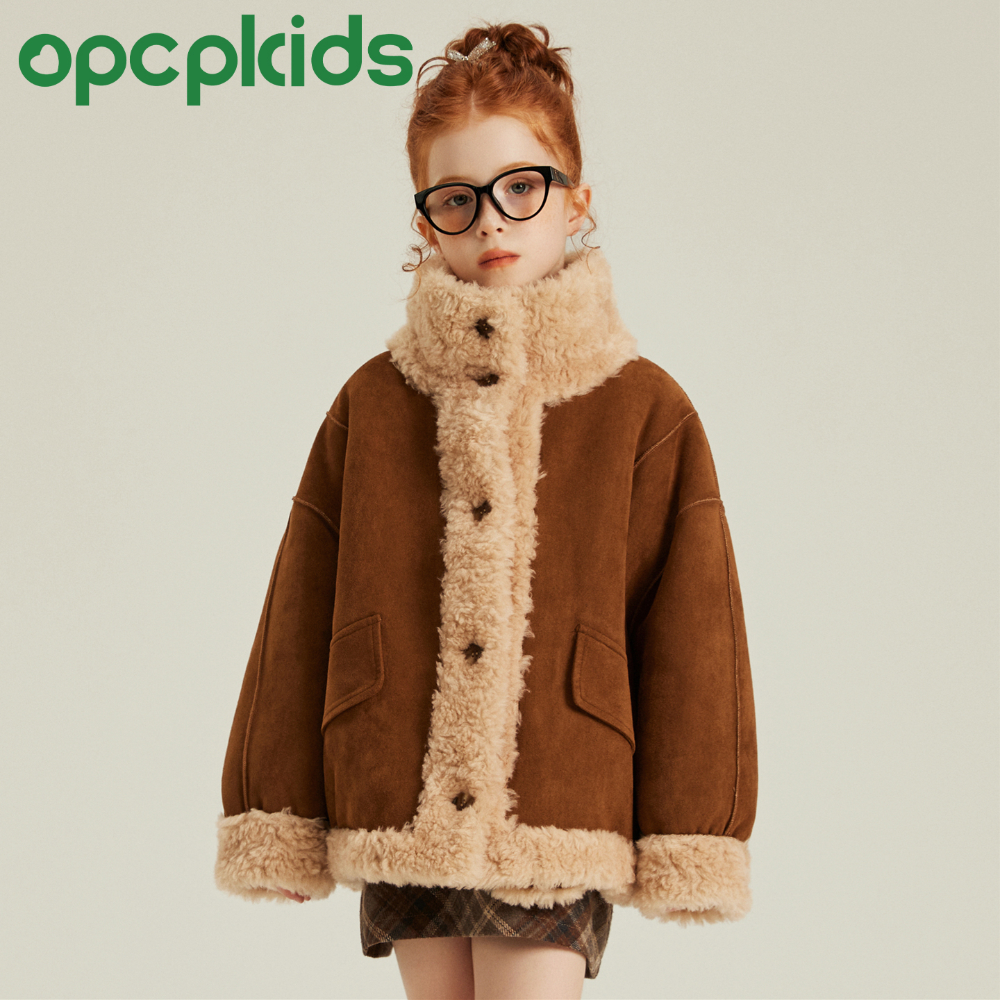 OPCP儿童机车服冬季新款女童麂皮绒正反两穿皮草外套男童夹克皮衣