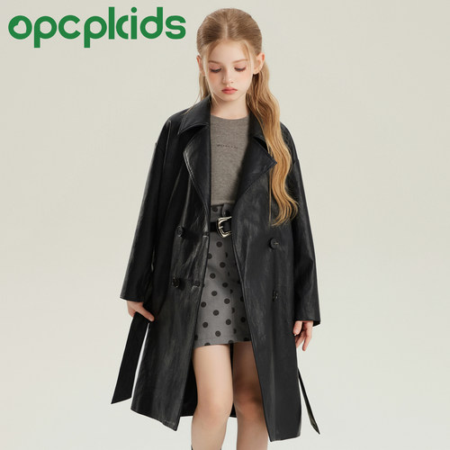 OPCP女童中长款翻领机车皮衣