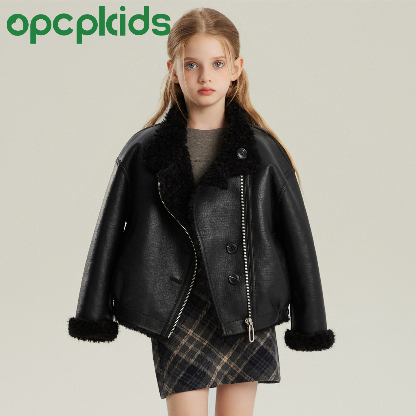 OPCP女童冬季加厚保暖仿皮草夹克