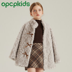 OPCP儿童皮草外套秋冬新款环保小湖羊皮毛一体短款女童毛毛上衣