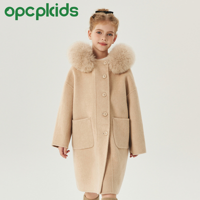 OPCP儿童毛呢大衣狐狸毛大毛领