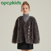 OPCP儿童皮草外套秋冬新款 环保小湖羊皮毛一体短款 女童毛毛上衣
