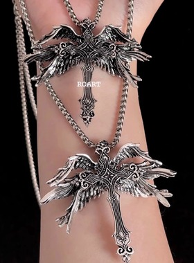 欧美复古天使翅膀十字架吊坠男女暗黑系夸张朋克风小众吊坠配饰