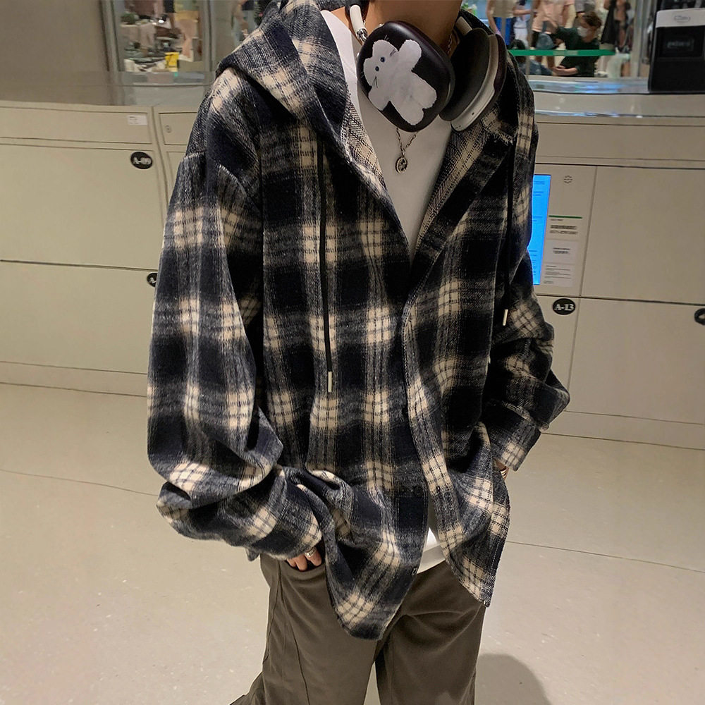 港风连帽格子衬衫2361