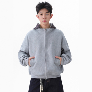 简恒小众美式 拼接格纹boxy连帽卫衣男女假两件休闲cleanfit上衣潮