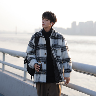 OOTD户外小香风格子毛呢外套男秋冬季潮牌痞帅高级感加厚绒休闲夹