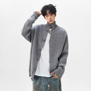 简恒美式纯色高领开衫毛衣男秋冬季宽松复古慵懒风百搭针织衫外套