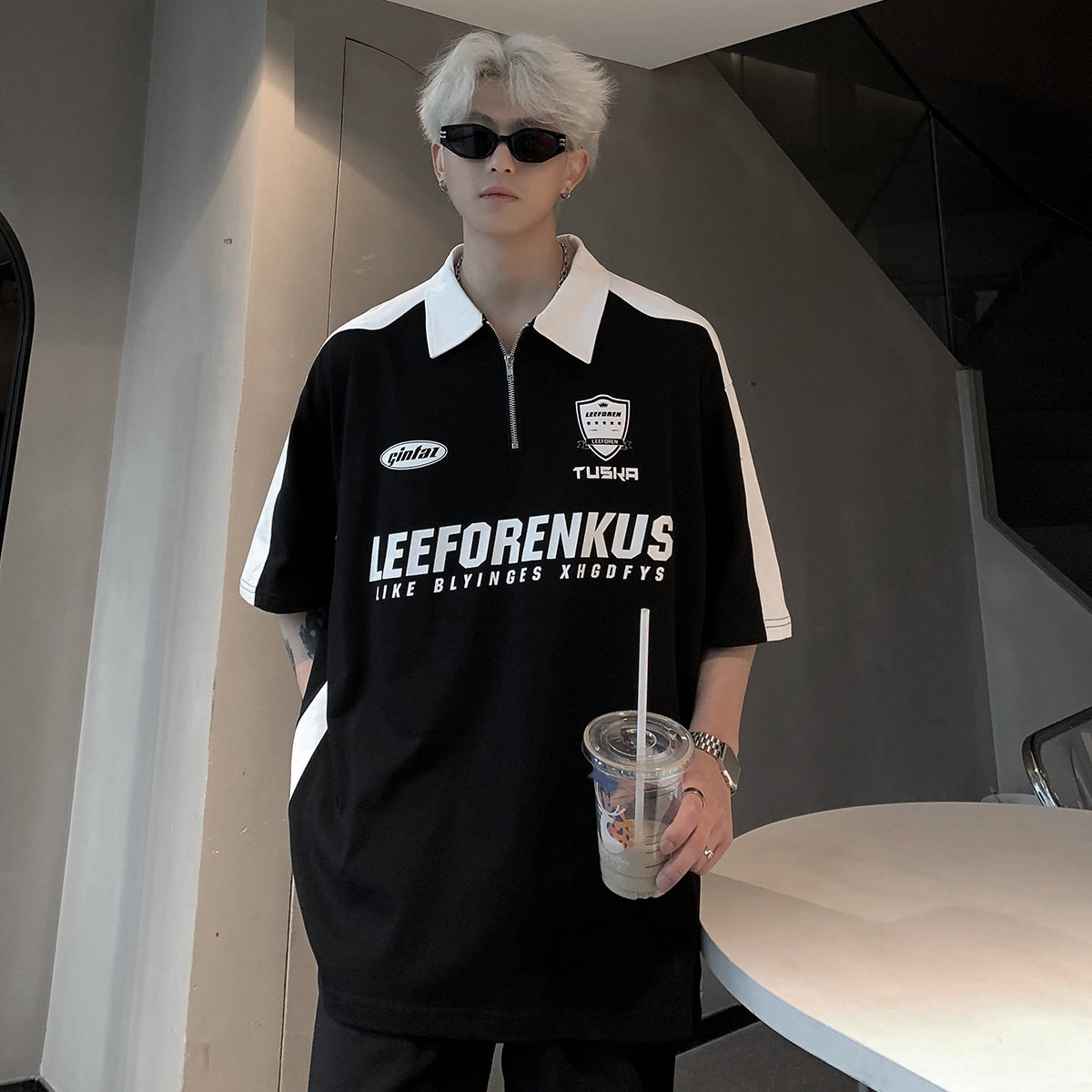 美式复古拼接撞色Polo衫