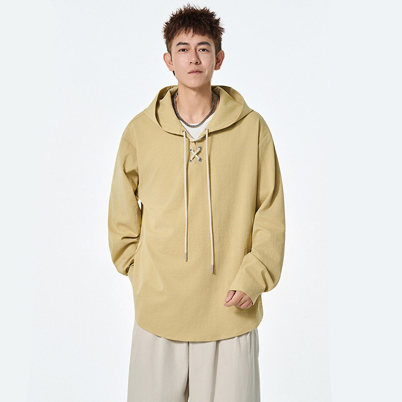 卫衣男薄款打底衫春秋新款外套肌理感连帽卫衣痞帅连帽纯色上衣