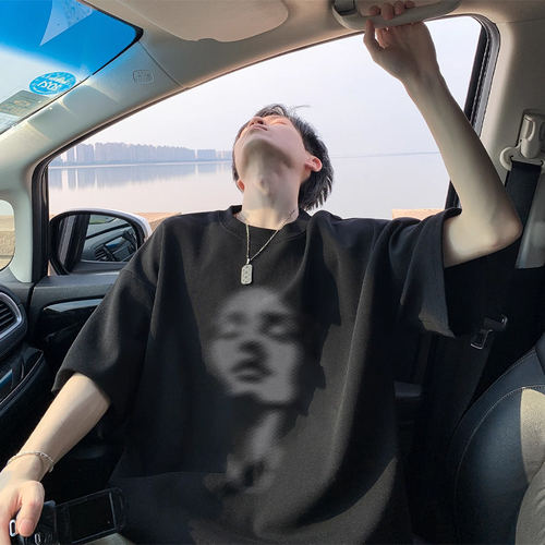 黑色纯棉美式重磅短袖