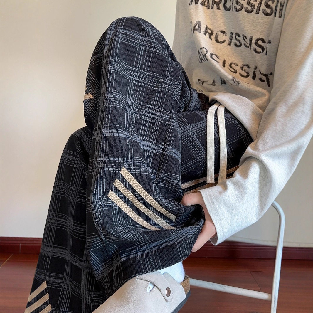 美式慵懒风条纹格子阔腿裤