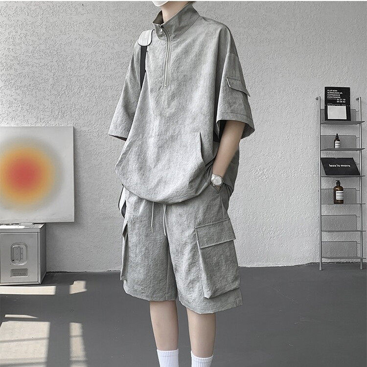 美式工装套装男夏季宽松休闲穿搭一整套短袖2026新款冰丝运动短裤