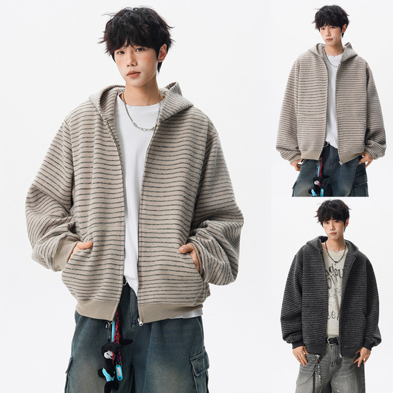 连帽条纹针织衫毛衣男开衫外套秋冬高级感宽松慵懒风外贸