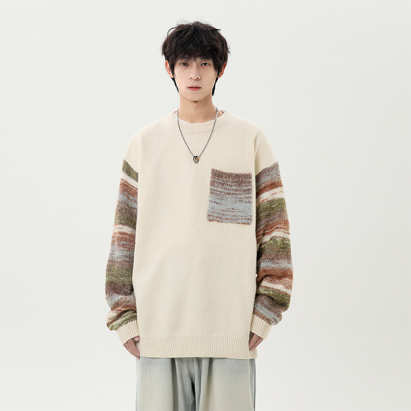 简恒青少年拼色圆领毛衣