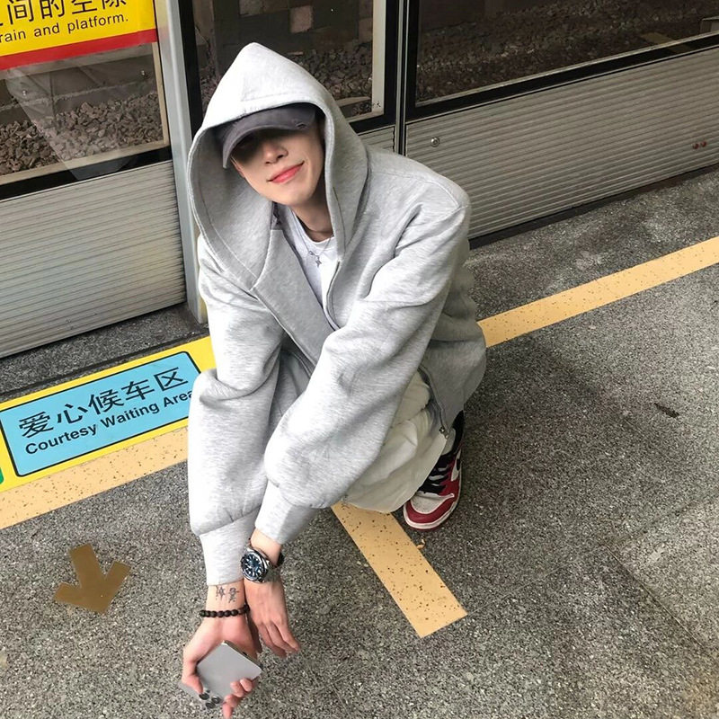 花灰开衫卫衣男痞帅复古