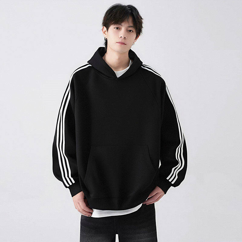 潮牌三条杠连帽卫衣男女春秋新款插肩袖套头运动外套宽松长袖上衣