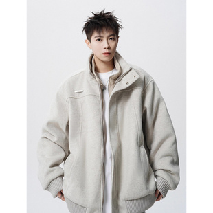 宽松痞帅夹克 高街情侣美式 潮牌假两件棉衣毛呢外套男冬季 新款