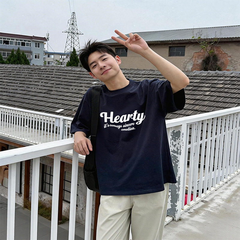 新款纯棉藏青印花短袖T恤