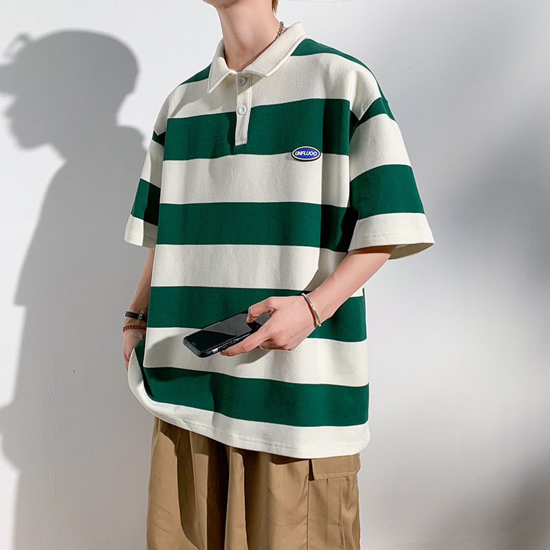 条纹polo衫短袖t恤男夏季日系休闲五分袖bf潮流简约宽松半袖上衣