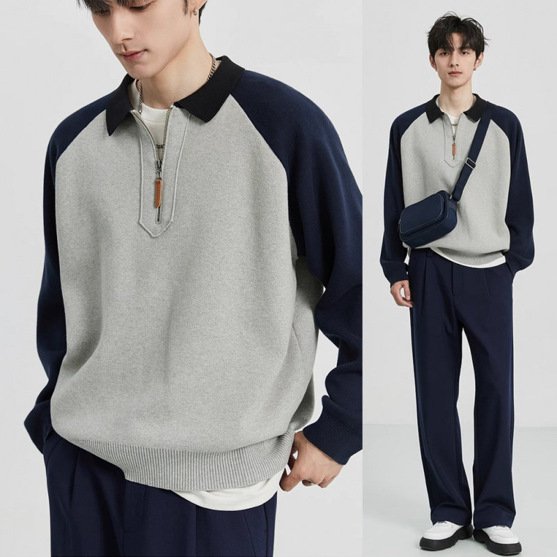 秋冬新款翻领毛衣男情侣撞色半拉链POLO套头韩版潮商务针织衫外套