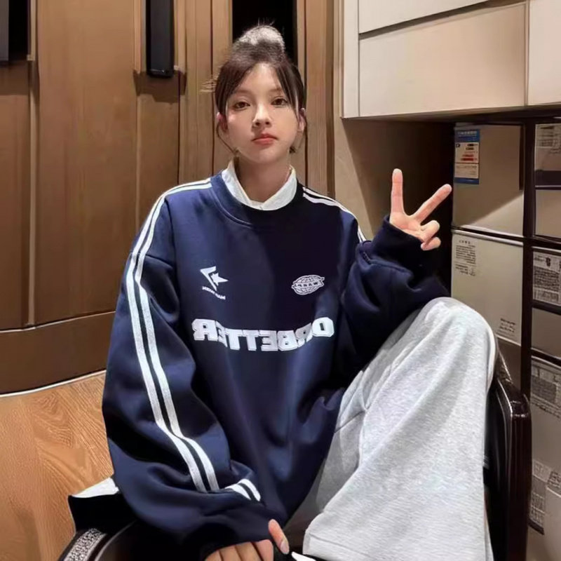 字母插肩套头圆领卫衣男女春秋薄款美式复古显瘦运动长袖ins情侣