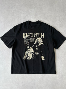 H1c 齐柏林飞艇乐队* 摇滚做旧印花300g纯棉短袖 短款Boxy/小领口