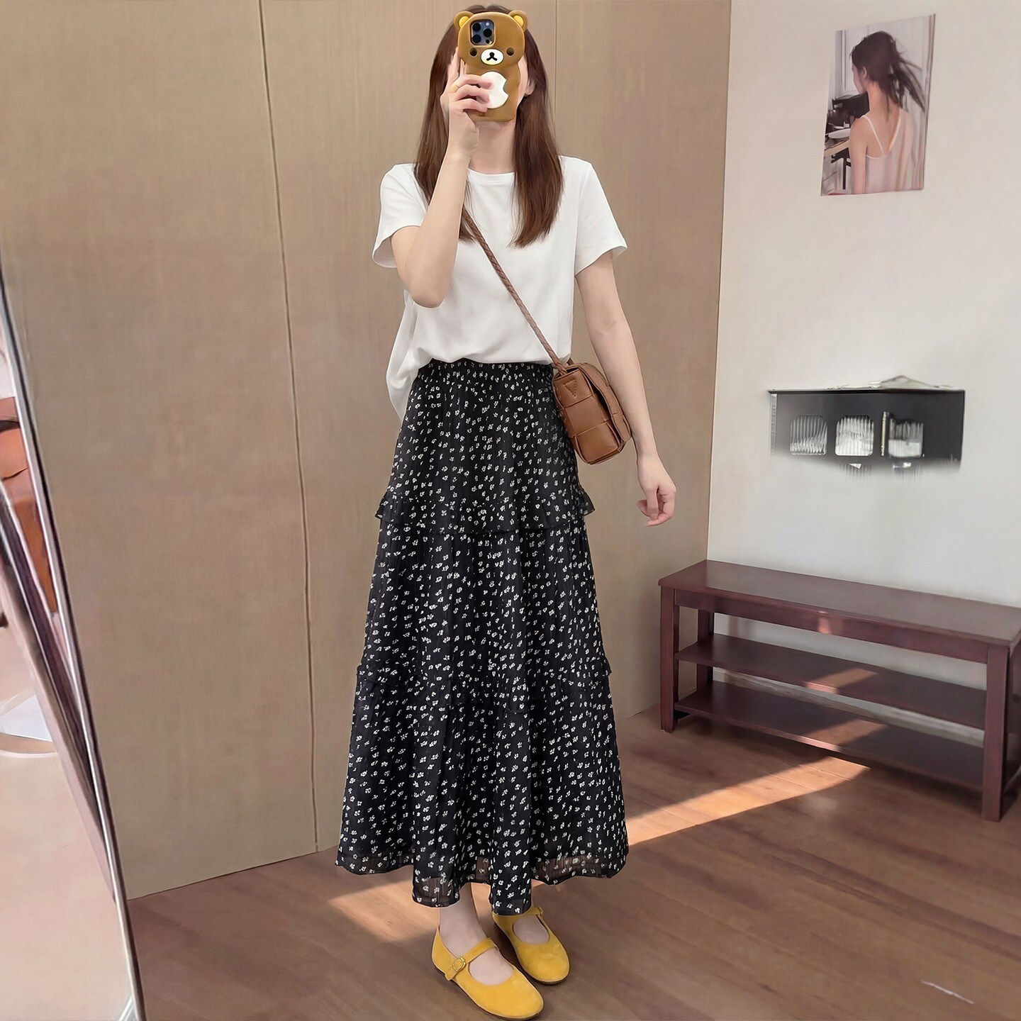 黑色碎花半身裙女2026新款夏季高腰a字伞裙长裙子雪纺蓬蓬蛋糕裙