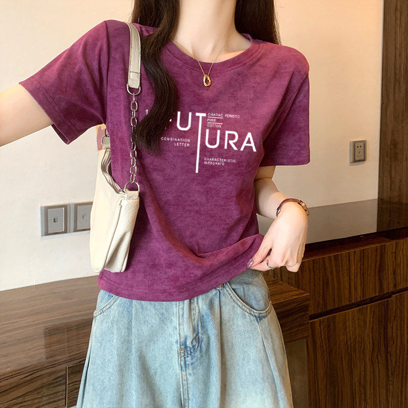美式扎染短袖T恤女2026夏季新款修身显瘦设计感小众正肩洋派上衣