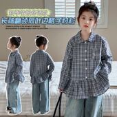 中大儿童上衣外套衬衣学生 洋气宽松格子长袖 女童衬衫 春秋2026新款