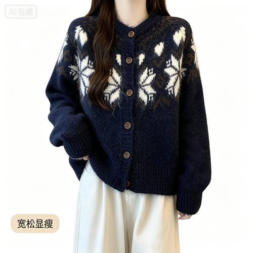 秋冬2026新款费尔岛提花毛衣外套大码女装胖mm宽松显瘦针织衫上衣