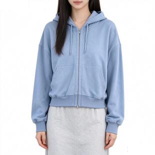 韩系松弛蓝色连帽拉链卫衣男女秋冬季设计感后背刺绣百搭chic外套