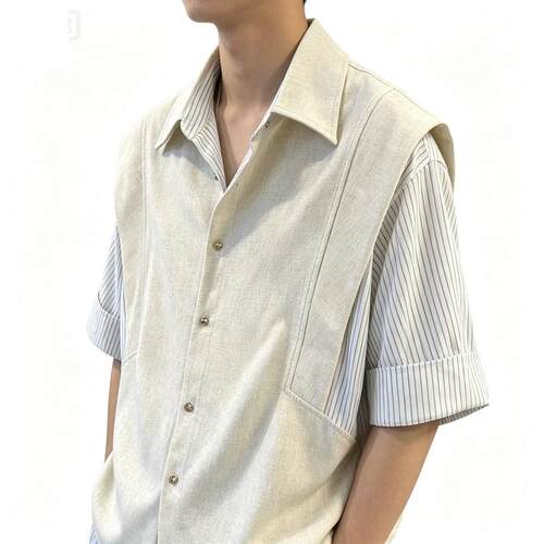 假两件设计宽松夏季男士短袖衬衫潮流休闲痞帅百搭气质男装衬衣潮