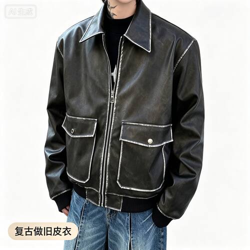 H2108短款复古做旧男士皮衣时尚潮流穿搭造型设计上衣夹克外套