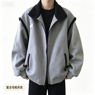 美式复古夹克男女2025春秋高级感情侣装宽松ins超火百搭毛呢外套