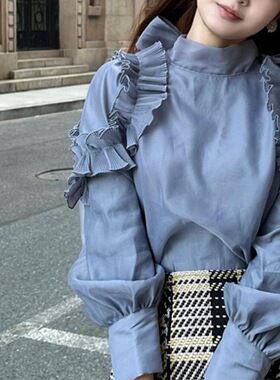 设计感超好看蓝色立领花边蝴蝶结系带雪纺衬衫2026春秋新款上衣潮