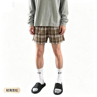 夏天薄款针织格纹拳击短裤男士阿罗裤可外穿宽松休闲三四分沙滩裤