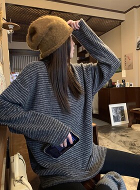 欧货撞色磨毛条纹长袖T恤女秋季宽松套头宽松圆领百搭上衣打底衫