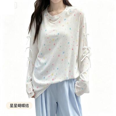 慵懒立体蝴蝶结彩色星星长袖T恤女2024新款夏季薄款防晒罩衫上衣