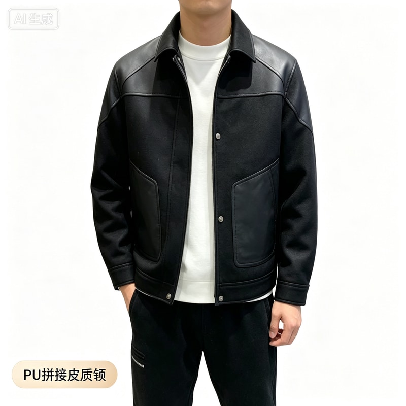 时尚秋冬新款潮流男帅气翻领拼接PU皮修身百搭短款男夹克韩版外套