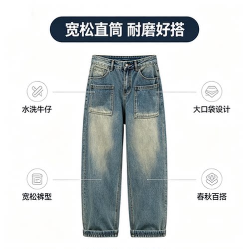 儿童牛仔裤春秋2025新款男童宽松直筒裤子男孩帅气休闲长裤街舞潮