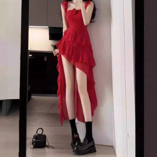 多巴胺掐腰裙海边穿搭度假风长裙子女夏不规则收腰红色拖尾连衣裙