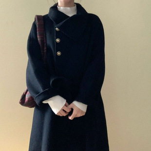 过膝呢子大衣 小个子高级感加厚中长款 韩系黑色毛呢外套女春季 新款