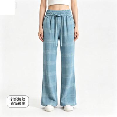 天蓝色针织格纹裤子男款夏季美式运动格子裤直筒休闲微喇裤