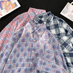 寸衣休闲衬衣外套上衣 春秋宽松百搭情侣款 潮牌格子流苏衬衫 男长袖