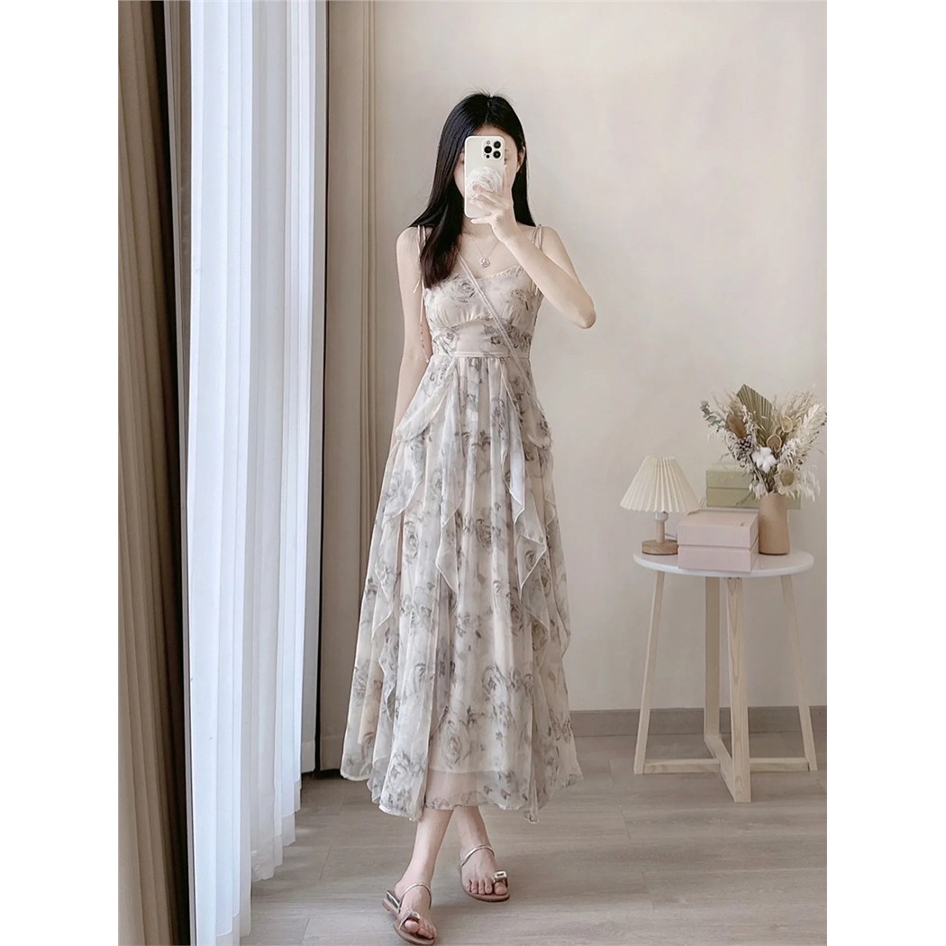 水墨画碎花吊带洋装女夏2026新款高级感小个子雪纺长裙两件式套装