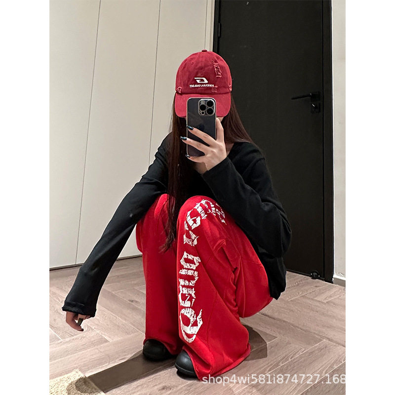 红色字母印花运动卫裤女秋季2026新款高腰美式酷飒拽姐风阔腿裤子