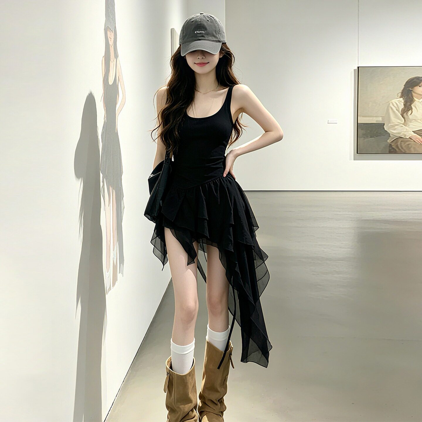 韩系赫本风黑色吊带连衣裙女
