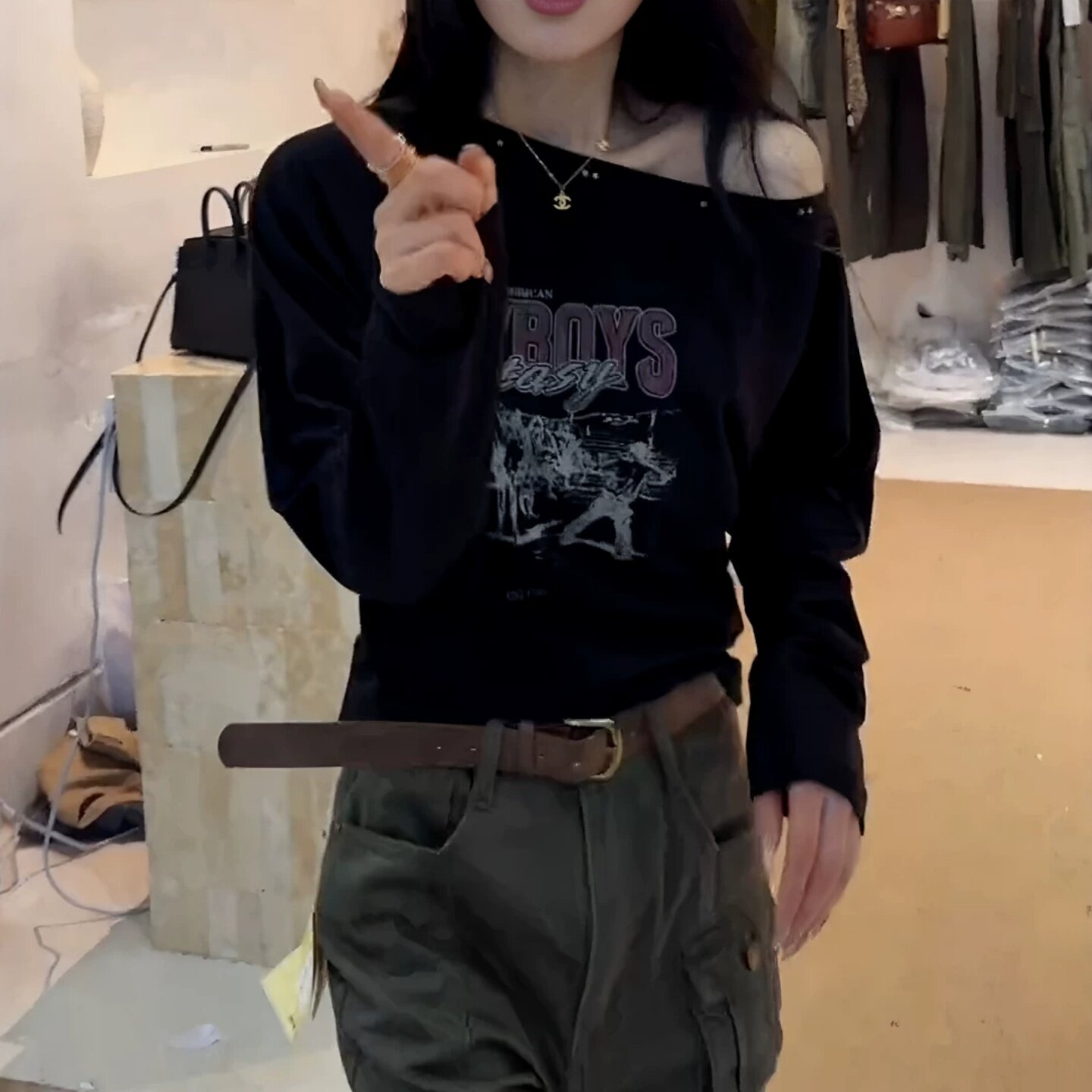 大码美式复古字母斜肩长