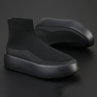 子 透气黑色厚底增高松糕老爹板鞋 高帮袜子鞋 男圆头休闲飞织网布鞋